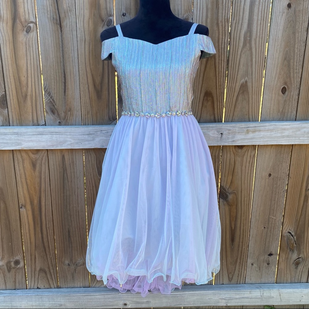 Rare Editions Special Occasion Lilac Metallic Mesh Jewel Off Shoulder Dress